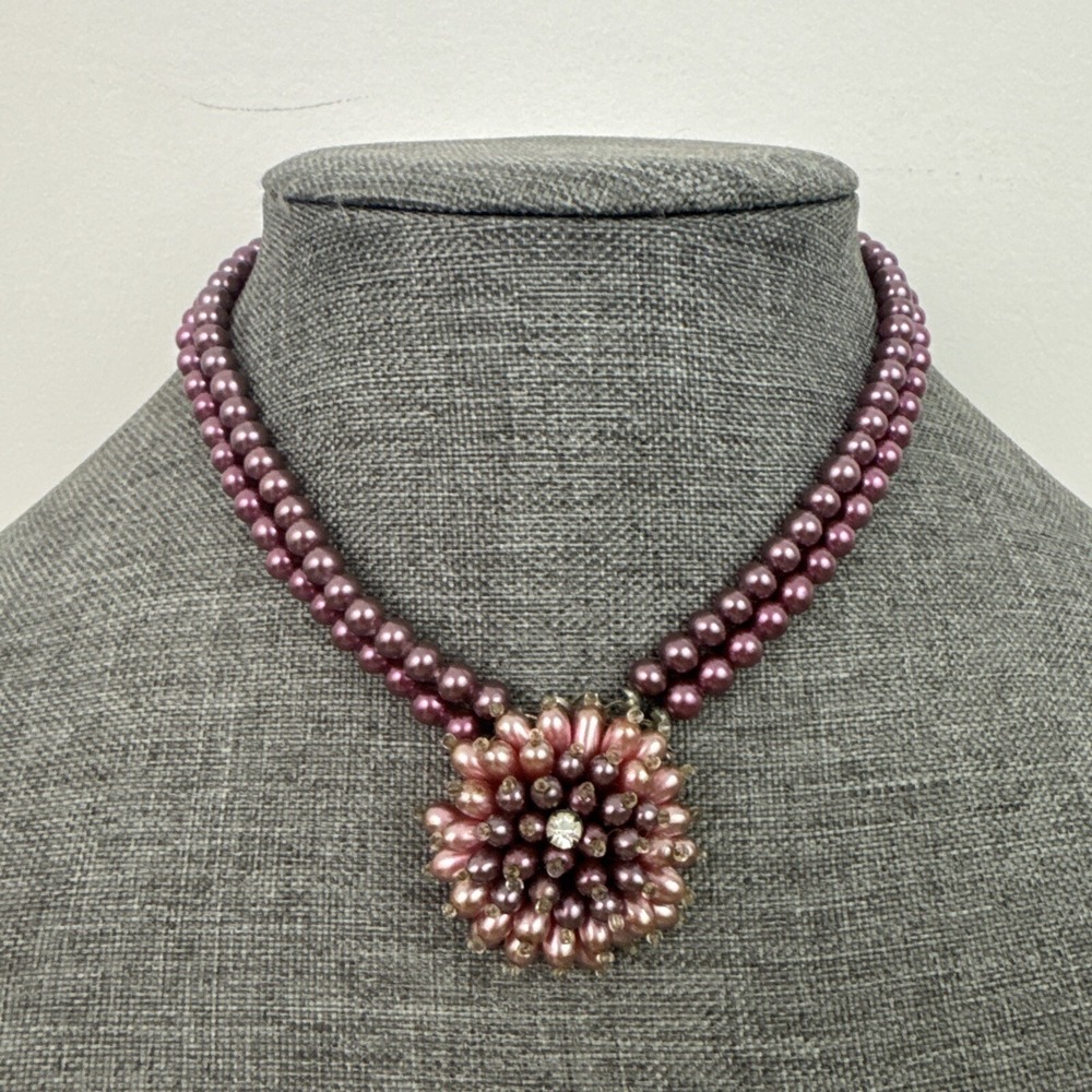 Vintage Japan Faux Pearl Necklace Pink Purple two Strand 16" choker